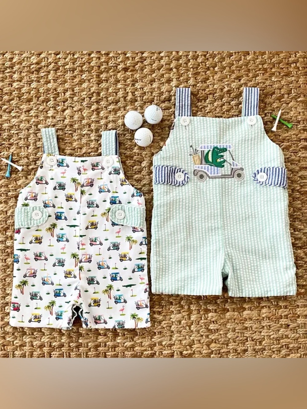 Reversible golf jon jon palms seersucker romper shortall alligator toddler boy
